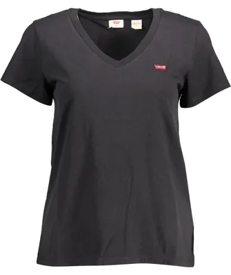 Produktbild von Baumwolle Damen V-Ausschnitt T-Shirt Schwarz mit Applikation