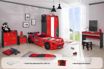 Produktbild von Kinderzimmer komplett Set Autobett Rio 5 teilig Rot , Sportsitze:ohne Sportsitze, Matratze:Creativ Fresh Plus H2, Bettwäsche:ohne Bettwäsche, Wandregal:Wandregal mit Klappe