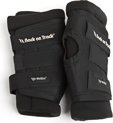 A pair of black horse leg wraps, branded 'Back on Track' and 'Welltex', are shown against a white background.