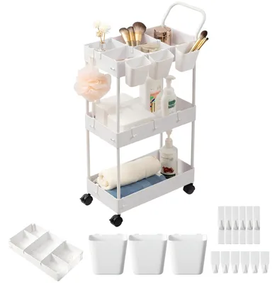 Immagine prodotto di Carrello di servizio con ruote - 3 ripiani - 22 cm di larghezza - 12 ganci - Per cucina e bagno