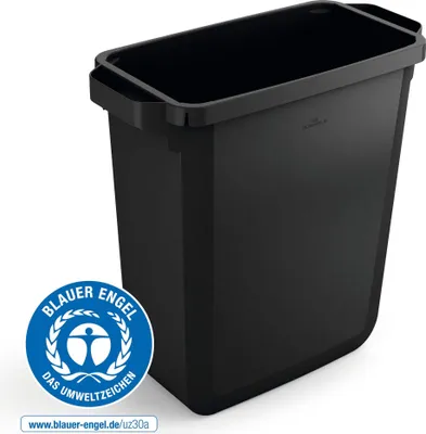 A black trash bin with a blue and white environmental certification logo on the lower left.