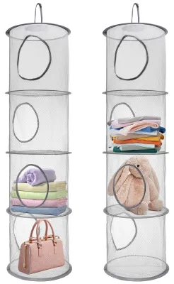 Image de Lot de 2 sacs de rangement suspendus en filet, organiseur de rangement pliable à 4 étages, panier de rangement suspendu pour enfants, peluches et petits vêtements (gris)
