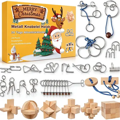 Obrázek produktu pro Adventní kalendář 2026 Hlavolamy pro Dospělé a Děti 24 Dní Vánoční Dárek s Kovovými Hlavolamy a 3D Dřevěným Puzzle
