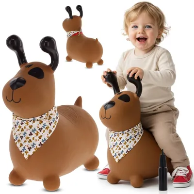 A child is playing with a bouncy dog toy, with other bouncy dog toys shown in the background.
