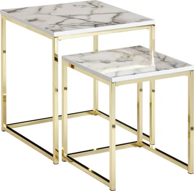 Produktbild von WOHNLING Beistelltisch 2er Set Weiß Marmor Optik Eckig Couchtisch 2-teilig Tischgestell Metall Gold Kleine Wohnzimmertische Moderne Satztische