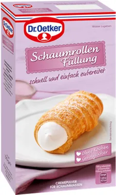 A box of Dr. Oetker Schaumrollen Füllung with an image of a cream-filled pastry.