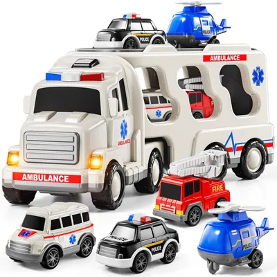 Produktbild von Rettungsfahrzeug Spielzeug Set 5-in-1 - Spielzeugset für Jungen 3 bis 8 Jahre - Polizei Feuerwehr Krankenwagen
