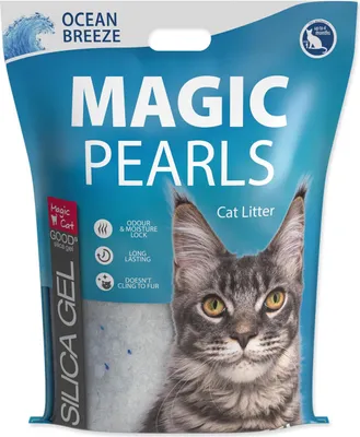 A bag of cat litter with a cat's face on it.