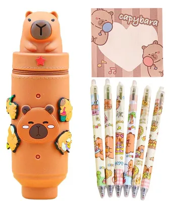 Imagen del producto de Funda de silicona suave con diseño de capibara "kawaii" – Set de papelería 2 en 1 para niños