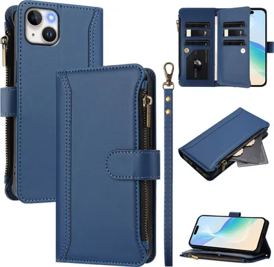 Image de Etui pour iPhone 15 Plus, zippé, étui portefeuille en cuirPolyuréthaneavec poches pour cartes, support et dragonne bleu