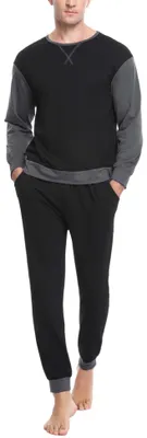 Produktbild von Sykooria Herren Schlafanzug lang mit Bündchen aus Baumwolle Zweiteiliger Pyjama Herren lang, Langarm Shirt & Schlafanzughose, C-Schwarz M