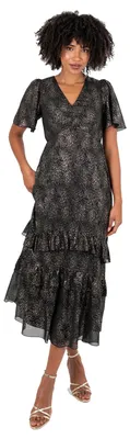 Produktbild von Lovedrobe Damen Kleid, Größe Plus, Schwarz, Gold, Midi-Länge, mit Volantsärmeln, V-Ausschnitt und gerüschtem Rock