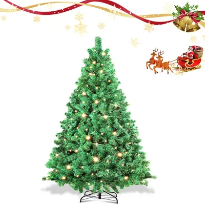 Image de Bettizia Arbre de Noël artificiel 150cm avec guirlande lumineuse 200 LED blanc chaud, y compris support métallique 550 pointes Noël Sapin de Noël PVC vert