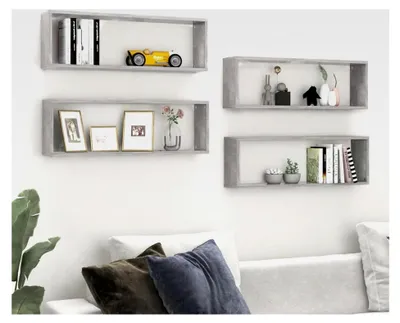 Produktbild von Würfelregale 4 Stück Wandregal, Bücherregal Wand, Badregal, Schwebe Regal, Betongrau 80x15x26,5 cm Spanplatte