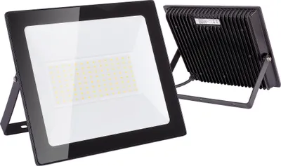Two LED floodlights are shown against a white background. One is angled towards the viewer, showing its illuminated front. The other is angled away, showing its ribbed back.
