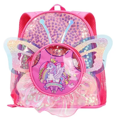 Produktbild von Kinderrucksack Mädchen Einhorn Schmetterling Flügel Pailletten Kunstleder Rosa 26x22x10cm
