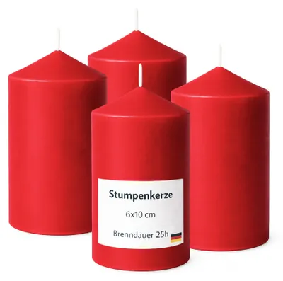 Produktbild von HS Candle 4er Pack Stumpenkerzen Rot, Ø 6 cm x 10 cm, ca. 25 h Brenndauer, matt-glattes Finish, Baumwolldocht, Herstellung in der EU, für Tischdeko und Adventskranz