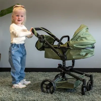 Produktbild von Puppenwagen Grün Modern Angel 2in1 Retro Grün ab 3 Jahren – Puppenbuggy – Für Mädchen – Verstellbarer Schieber 48-81 cm – Komplett zusammenklappbar – Mit Einkaufskorb