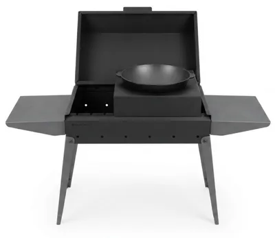 Produktbild von Holzkohlegrill Mangal mit Kasan-Adapter und Gusseisen-Kazan 4,7 L – Schaschlikgrill aus 2 mm Stahl mit Deckel und 2 Ablagen, Holzkohlegrill für BBQ, Plov & Camping