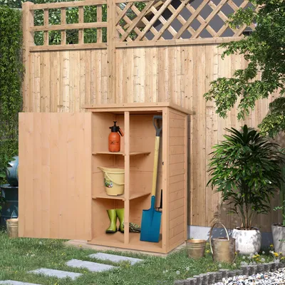 Produktbild von Sweiko Gartenschrank, Geräteschuppen, Gerätehaus mit Tür, Gartenschuppen, 75 x 56 x 115 cm, Tannenholz, Hellbraun