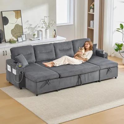 Produktbild von Sofa - 272 x 136 x 86 cm , Anthrazit , Cord , praktischer Stauraum , USB- und Steckdosenanschluss , Schlaffunktion
