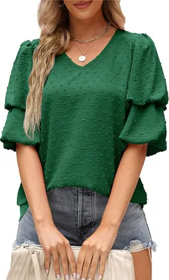 Produktbild von ASKSA Damen Bluse Chiffon Laternenärmel Shirts V-Ausschnitt Swiss Dot Kurzarm Hemd Oberteile, Dunkelgrün, XXL