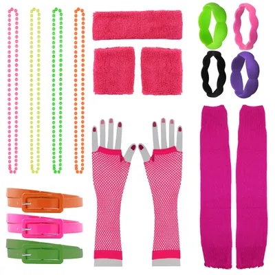 Produktbild von 18 teiliges 80er Jahre Kostüm Set für Damen - Schweißbänder, Gürtel, Stulpen, Armreifen. Netzhandschuhe, Ketten