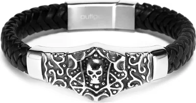 Produktbild von Echtleder-Armband Totenkopf Skull Tribal Rindsleder geflochten schwarz Edelstahl Herren Damen Autiga®