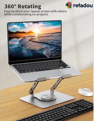 Obrázek produktu pro Skládací stojan na notebook s otočnou základnou o 360° – Nastavitelný stojan na notebook – Vhodný pro notebooky o úhlopříčce 10 až 15,6 palců – Stříbrný