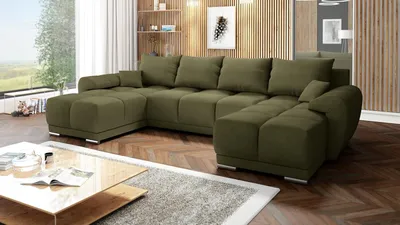 Produktbild von Velvet Ecksofa in U-Form – Olive M38 Sofa – Couch mit Stauraum und Kissen - Ausziehbares Schlafsofa – Sofa mit Schlaffunktion - Schlafsofa mit Bettkasten – Gästebett – 365 x 189 cm