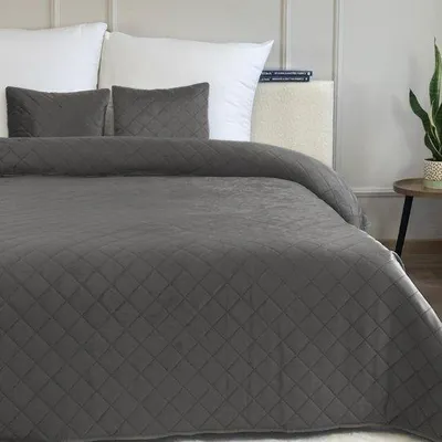 Produktbild von Dunkelgraue durchgestickte Bett- oder Bankdecke mit Kissenüberwürfen