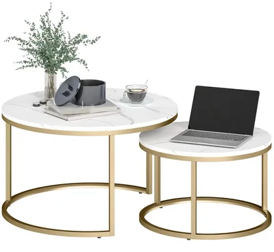 Produktbild von HOMCOM Couchtisch rund 2er Set Satztisch mit Metallrahmen, Marmoroptik Gold