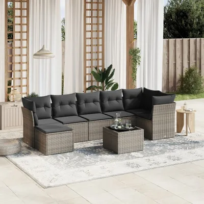 Produktbild von Design 8-tlg. Garten-Sofagarnitur mit Kissen Grau Poly Rattan, Gartenmöbel-Sets 2024 Neu