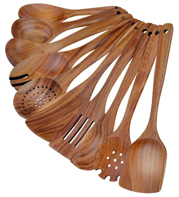 Image de Omgoods - Ensemble de 10 cuillères de cuisine en bois d'acacia, comprenant une spatule et une louche
