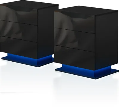 Produktbild von CLIPOP Nachttisch schwarz hochglanz, 2er-Set aus MDF, 50x35x60cm, mit 16-Farben-LED-Beleuchtung & Fernbedienung, 120 kg Tragkraft