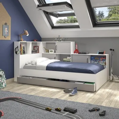 Image de Lit enfant GAMI Erwan avec rangements, 90 x 200 cm,Reproduction blanc et gris, Réversible
