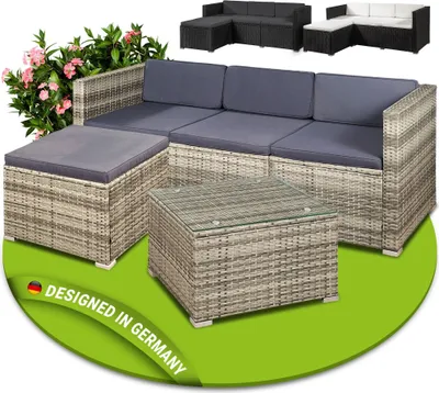 Produktbild von Juskys Polyrattan Lounge Punta Cana M grau-meliert – Gartenlounge für 3-4 Personen – Sitzgruppe mit Sofa, Tisch & Hocker - Sitzbezüge Dunkelgrau