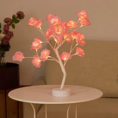 Produktbild von LED Rosenbaum Lampe Künstlich Bonsai Rose Baum Licht Dekoleuchte USB Batteriebetrieben Valentinstag Innen Deko