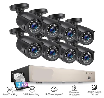Imagen del producto de Sistema de cámaras de seguridad: DVR Lite de 8 canales y 5MP, 8 cámaras de 1080p, disco duro de 1TB, visión nocturna, color