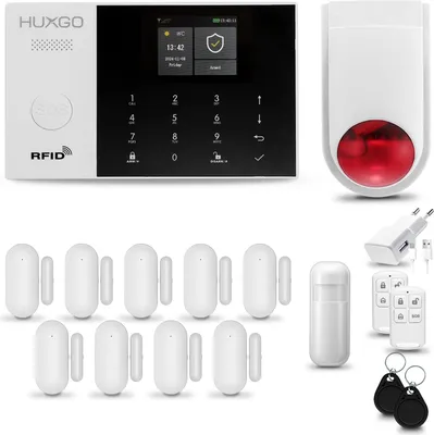 Produktbild von HUXGO HXA005 Alarmanlage Haus WiFi + GSM 2G mit Funksirene Alarm System mit Bewegungssensor und 9x Tür- Fenstersensor, Alarmanlage für Wohnung, Haus, Garage, Tuya Smartlife App