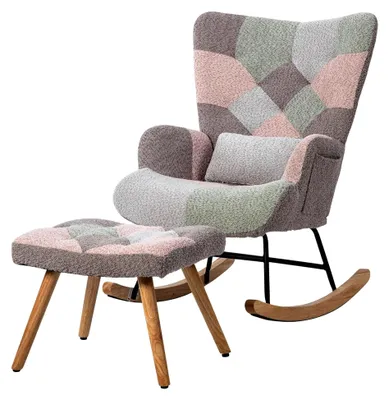 Produktbild von Schaukelstuhl mit Hocker, gepolstert, Schwingsessel mit Lendenkissen, Patchwork Relaxsessel, hohe Rückenlehne für das Wohnzimmer