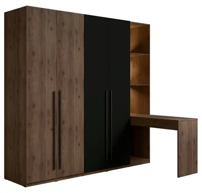Produktbild von Schlafzimmer Kleiderschrank Set in Braun mit Schwarz mit Regal & Schminktisch inkl. Beleuchtung - WACO-166
