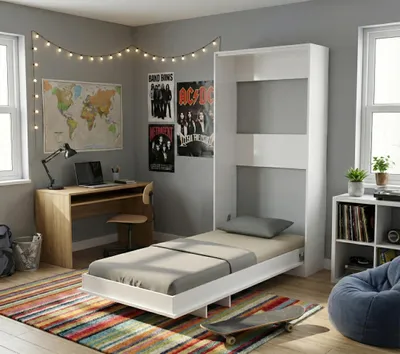 Produktbild von Schrankbett 90x200 cm Vertikal | Klappbett Wandbett Einzelbett platzsparend | Weiß