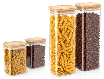 Image de Bocaux de conservation Arendo avec couvercles en bambou, 2 x 1200 ml et 2 x 2250 ml, hermétiques grâce à un joint en silicone, contenants en verre rectangulaires en verre borosilicaté, lot de 4, transparents