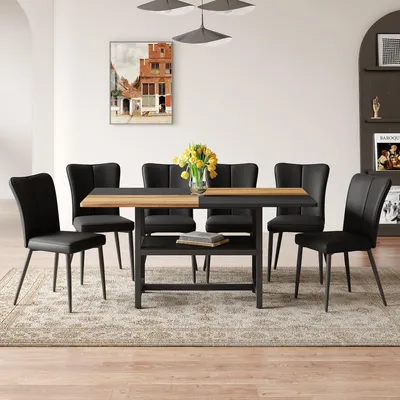 Productafbeelding van STILVORA STILVORA Rechthoekige eettafelset met opbergruimte, eettafel met 6 zwarte, moderne eetkamerstoelen met zwarte metalen poten. Geschikt voor woonkamer, eetkamer, keuken, etc.