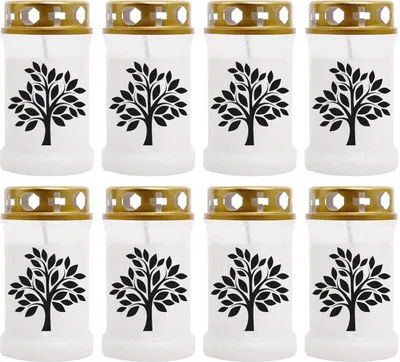 Produktbild von Grabkerze Weiß 8er Pack, Brenndauer: 40 Stunden ( je Kerze ), Motiv: Baum