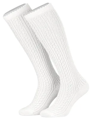 Produktbild von Tobeni 1 Paar Damen und Teenager Baumwoll Trachtenstrümpfe Lang Dirndl Strumpf Häkellook, Farbe:Weiss, Grösse:39-42