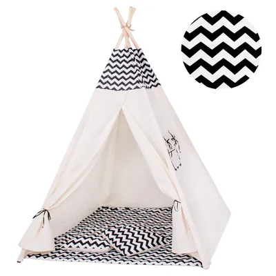 Productafbeelding van Tipi tent voor kinderen, speel tent van katoen, met 2 kussens, afmetingen 160x120x100 cm - Zwart/gestreept