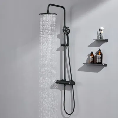 Produktbild von Auralum Duschsystem Thermostat Schwarz Höhenverstellbar Regendusche Edelstahl 3 Strahlarten