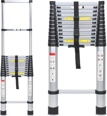 Produktbild von Faziango Aluminium Teleskopleiter 5M, Leiter Ausziehbar, Klappleiter, Mehrzweckleiter, Stehleiter, Haushaltsleiter, Außenleiter, 150 kg Belastbarkeit